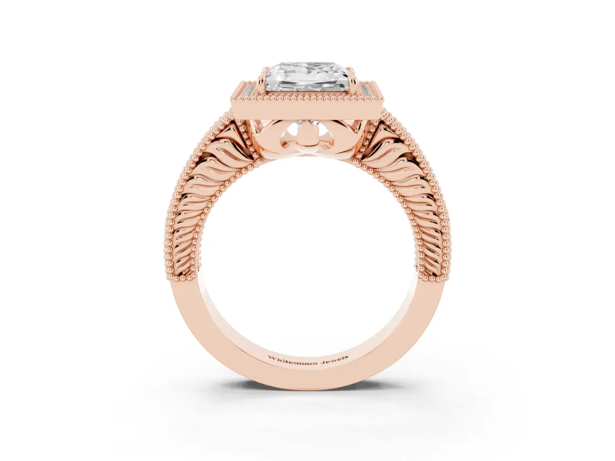 Princess Cut Cut Halo Diamond Ring with Pavé Band and Four-Prong Setting Rose gold