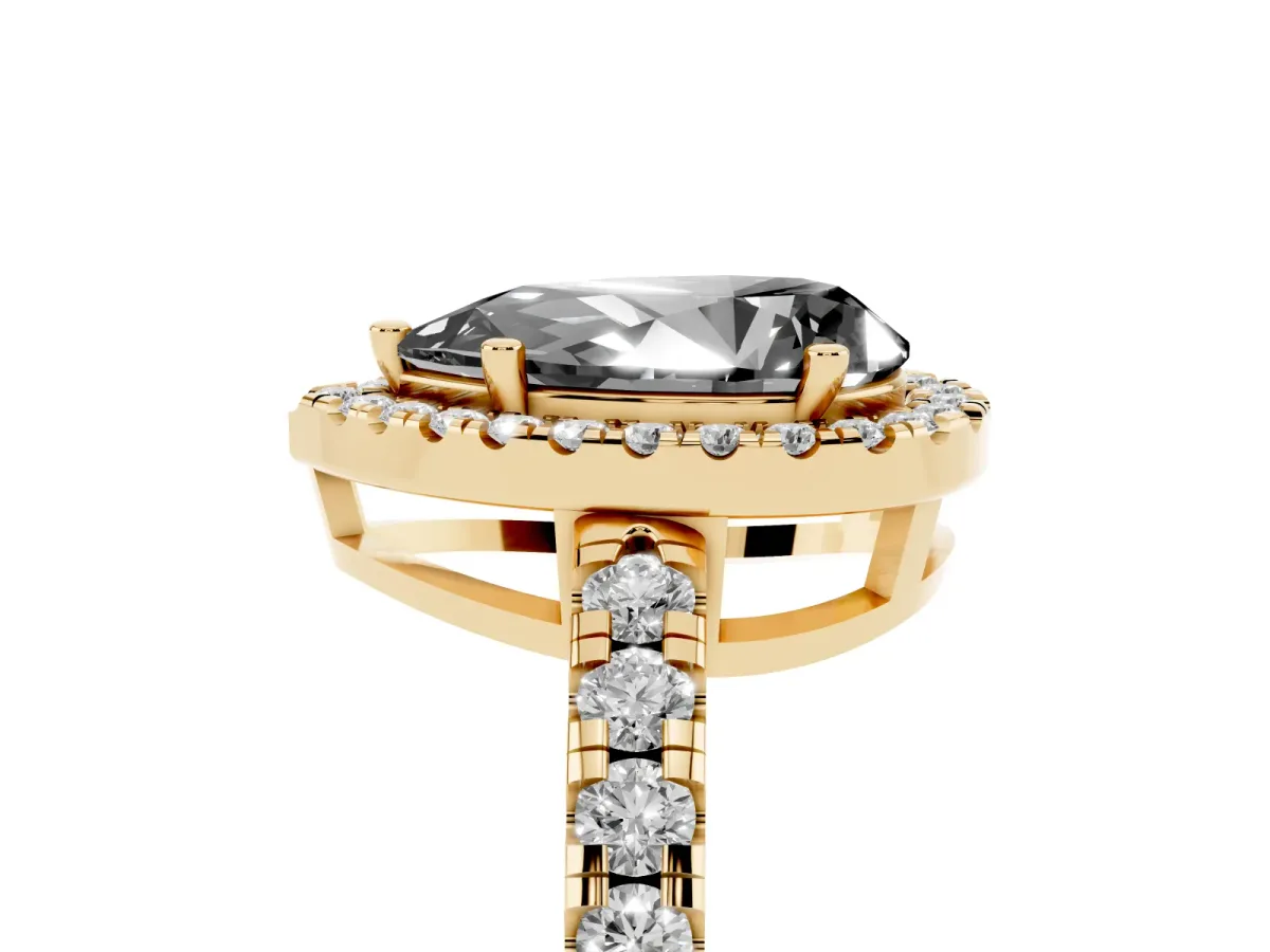 Fancy Black Pear Cut Diamond Halo Ring with Pavé Band and Four-Prong Setting Yellow gold