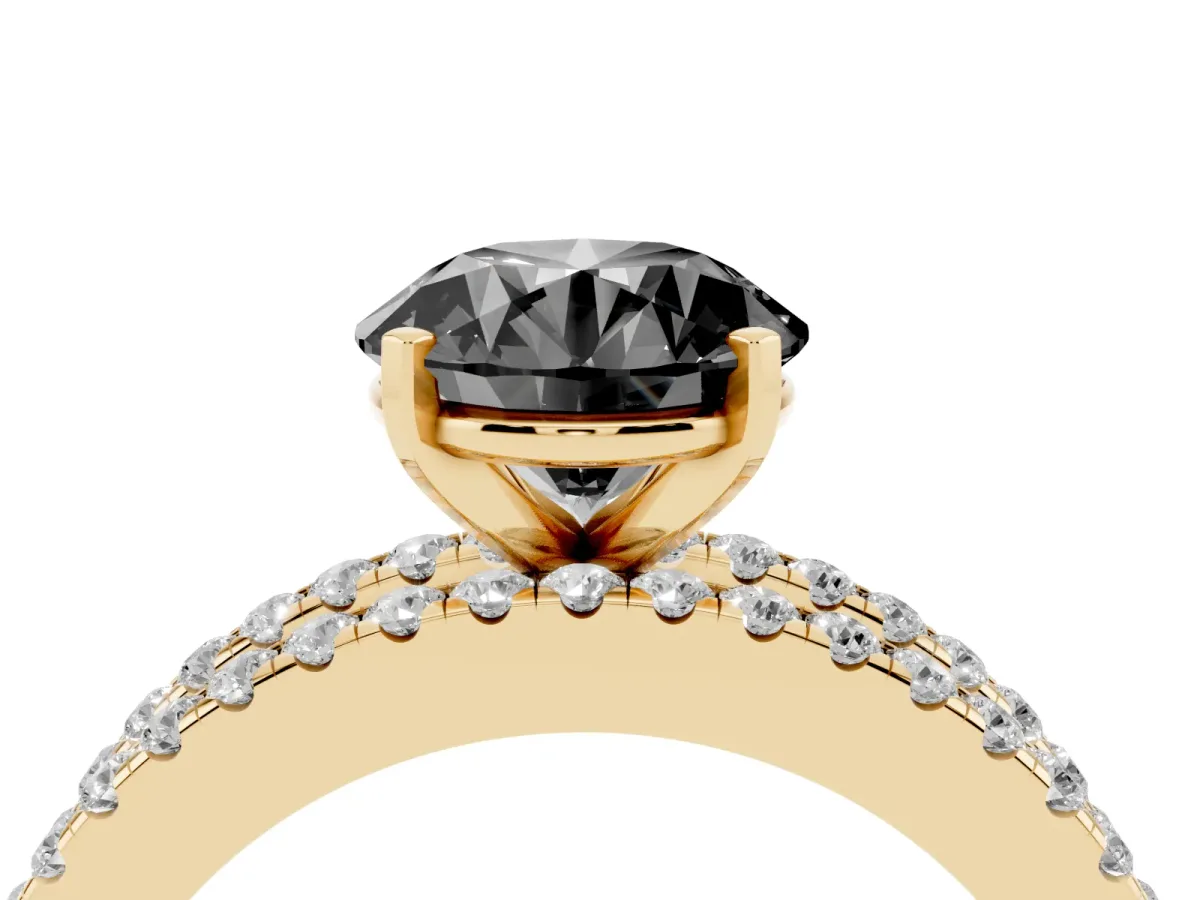Fancy Black Round Cut Diamond Solitaire Ring with Pavé and Channel Set Band Yellow gold