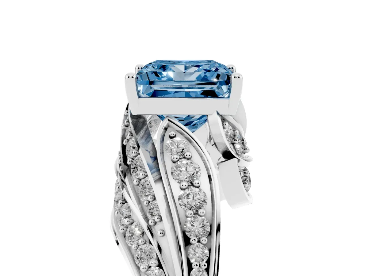 Fancy Blue Princess Cut Diamond Solitaire Ring with Prong Setting and Twisted Pavé Band Silver
