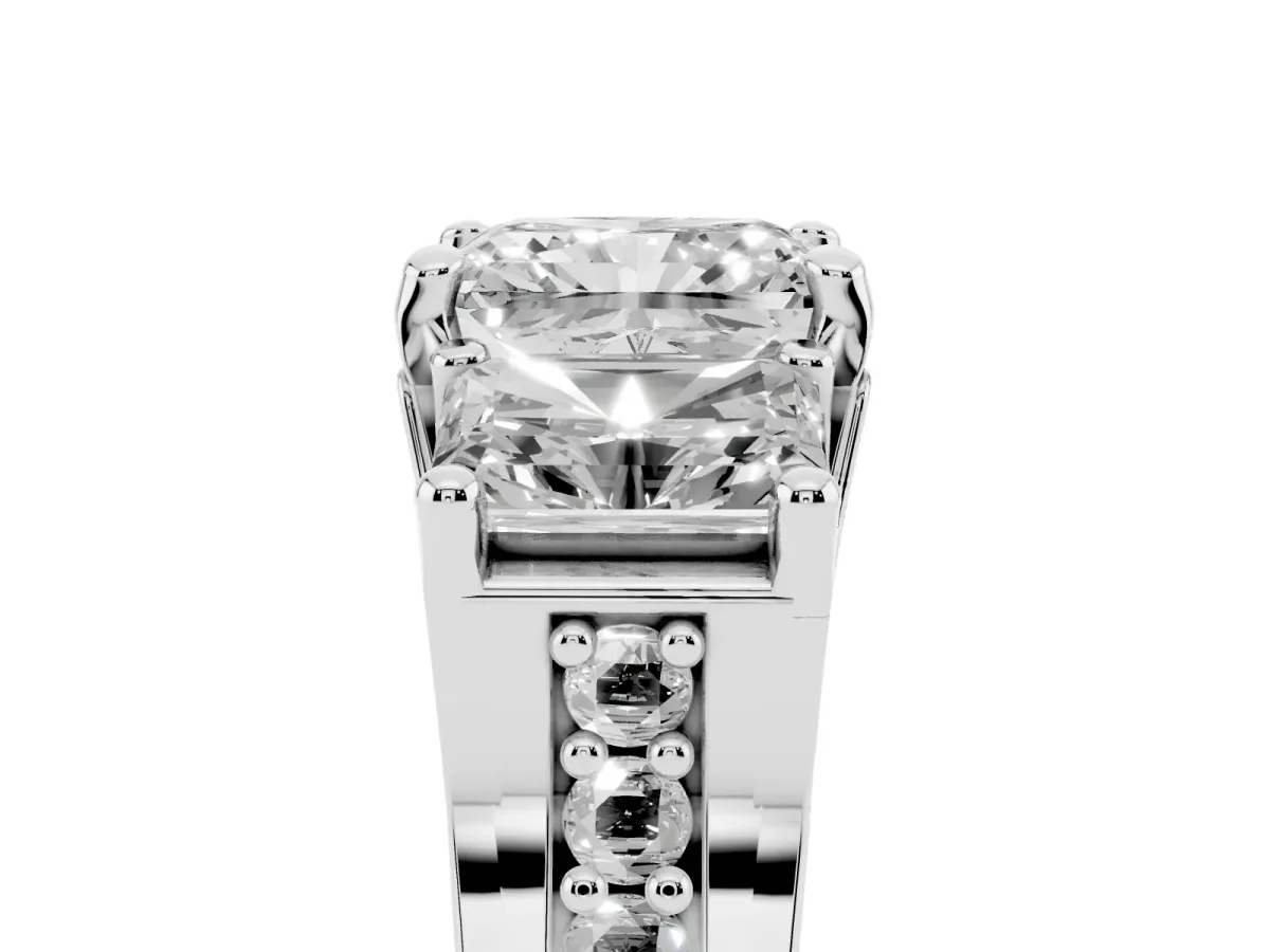 Radiant Cut Diamond Three-Stone Ring with Channel Set Band and Four-Prong Setting Silver