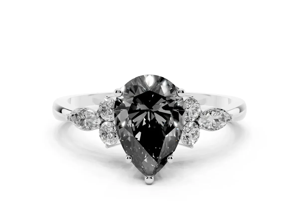 Fancy Black Pear Cut Brilliant Diamond Solitaire Ring with Pear Side Stones and Four-Prong Setting Platinum