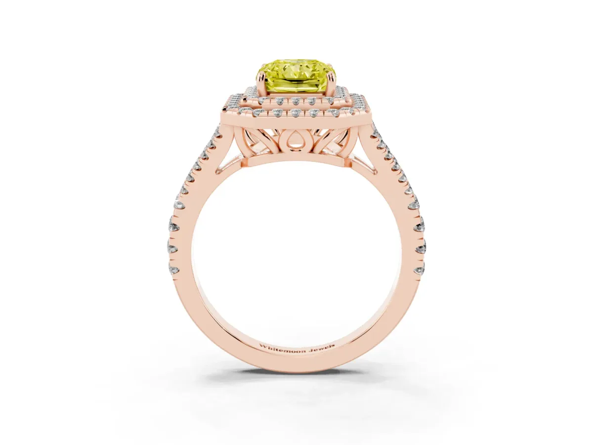 Fancy Yellow Radiant Cut Diamond Double Halo Ring with Pavé Band and Prong Setting Rose gold