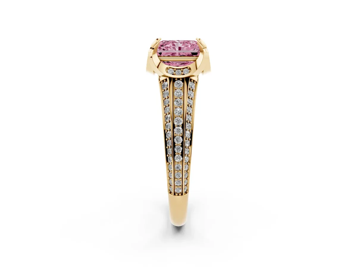 Fancy Pink Radiant Cut Solitaire Pave Split Shank Ring with Four-Prong Setting Yellow gold
