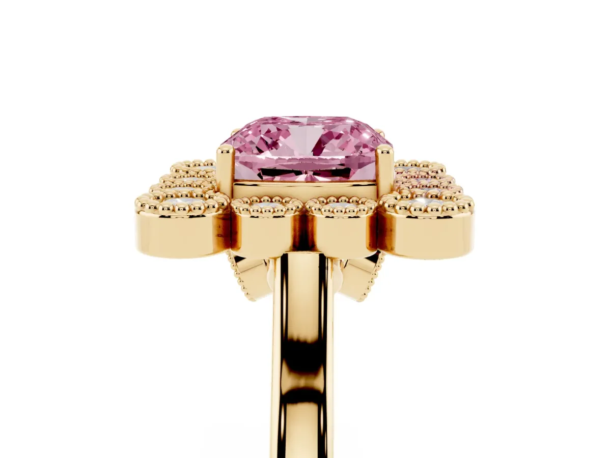 Fancy Pink Cushion Cut Halo Diamond Cluster Engagement Ring with Milgrain Bezel Setting and Solitaire Band Yellow gold