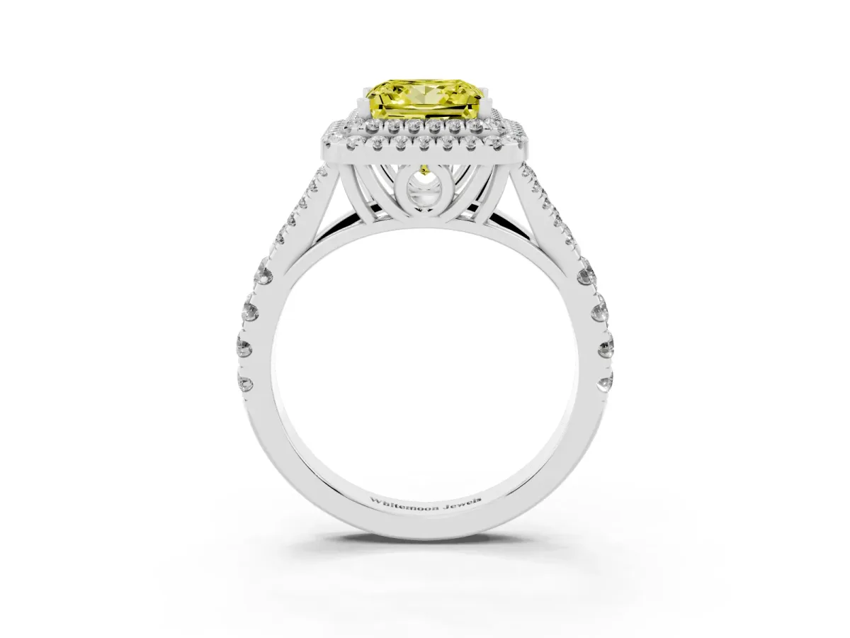 Fancy Yellow Princess Cut Cut Double Halo Split Shank Diamond Ring with Prong Setting Silver