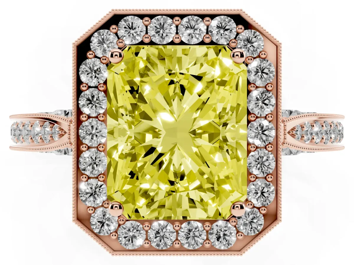 Fancy Yellow Radiant Cut Halo Diamond Engagement Ring with Split Shank Band and Four-Prong Setting Rose gold
