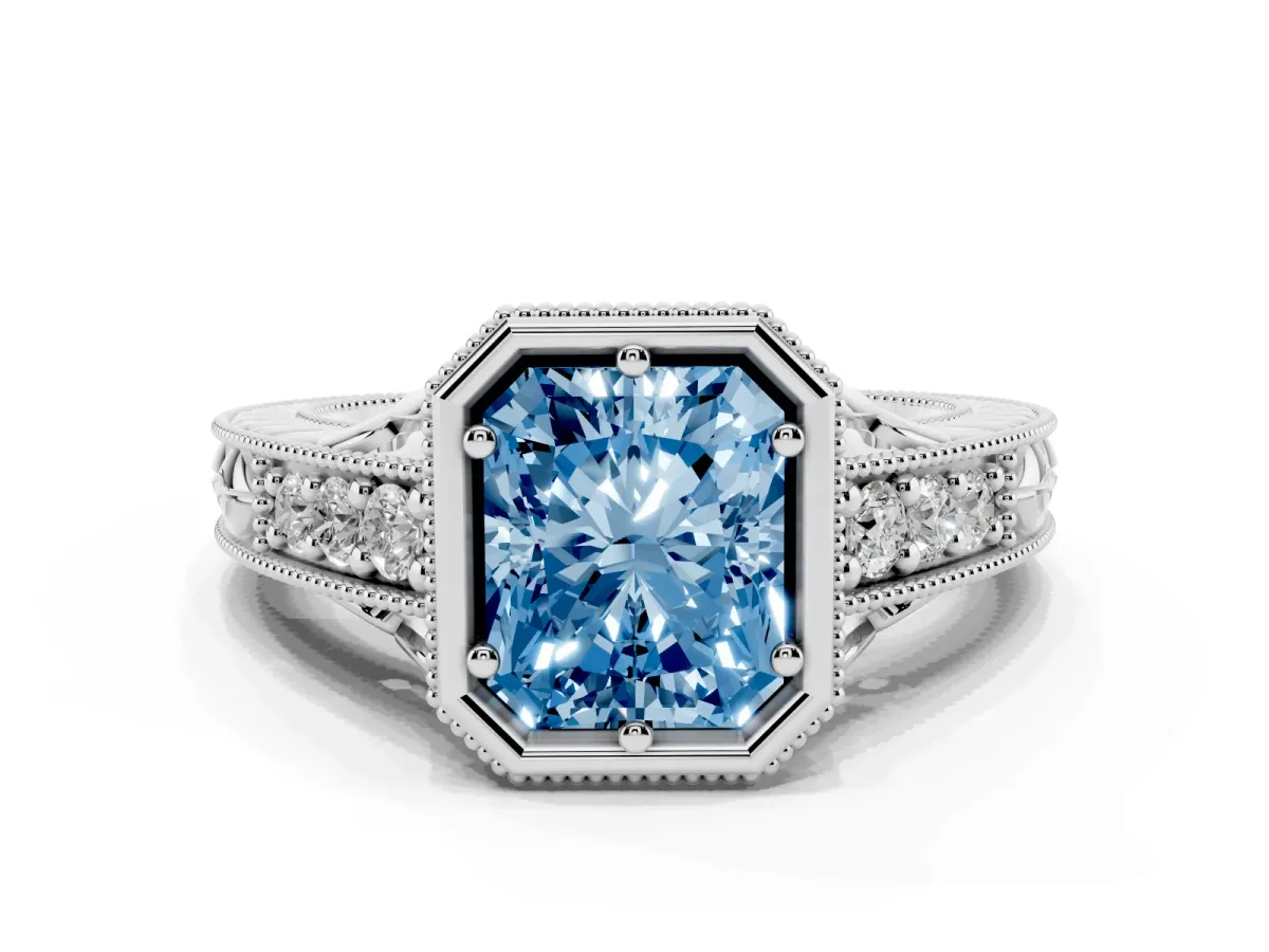 Fancy Blue Bezel Set Radiant Cut Diamond Milgrain Pave Engagement Ring Silver