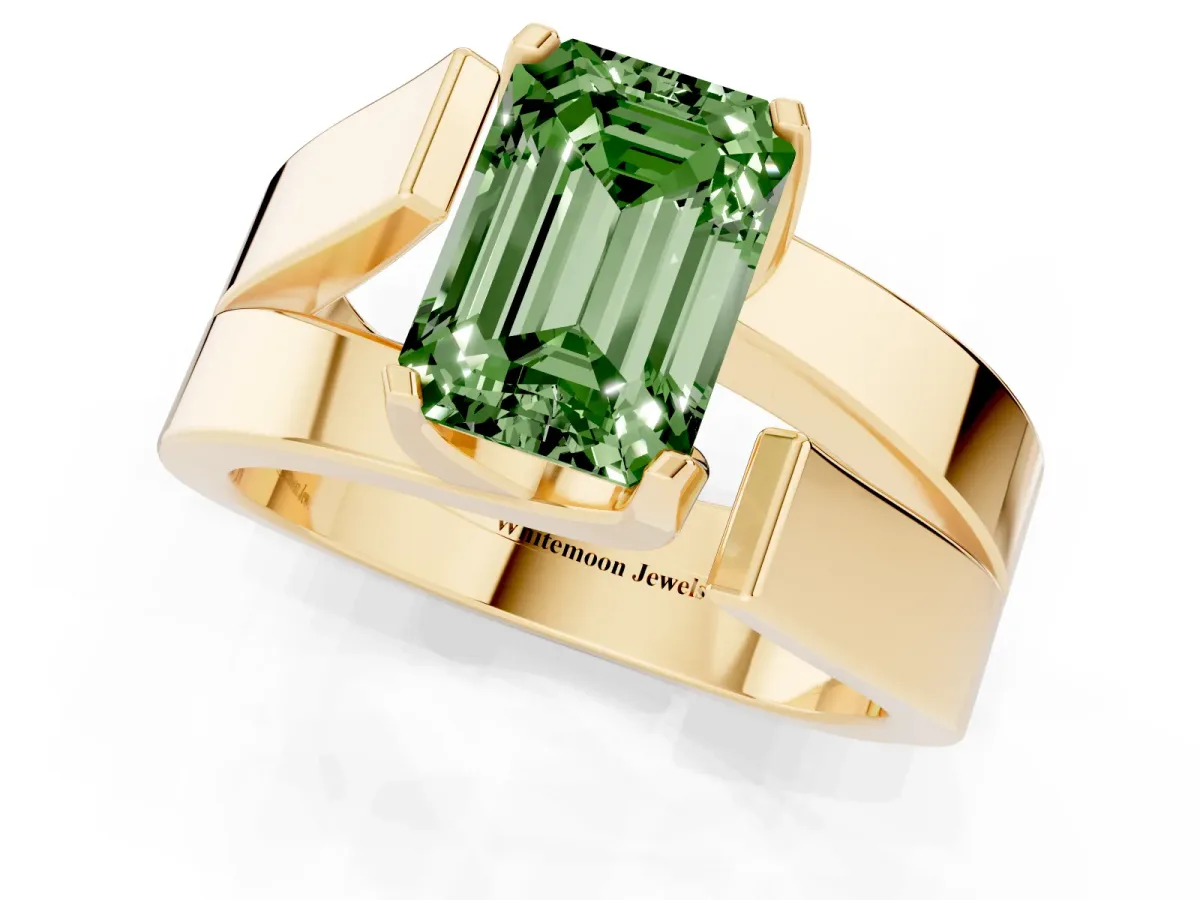 Fancy Green Modern Tension Set Emerald Cut Diamond Solitaire Wide Band Ring Yellow gold