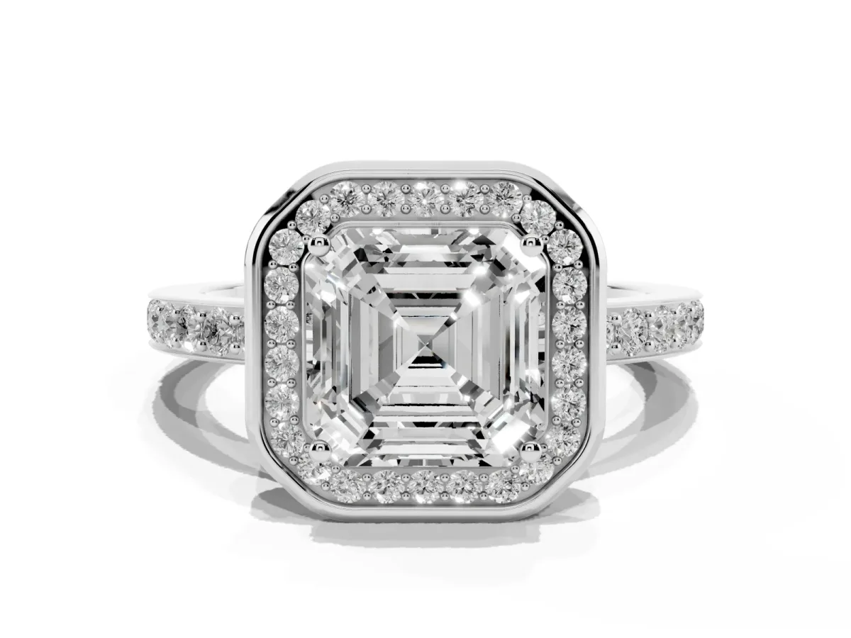 Asscher Cut Diamond Halo Ring with Bezel Frame and Pavé Band Silver