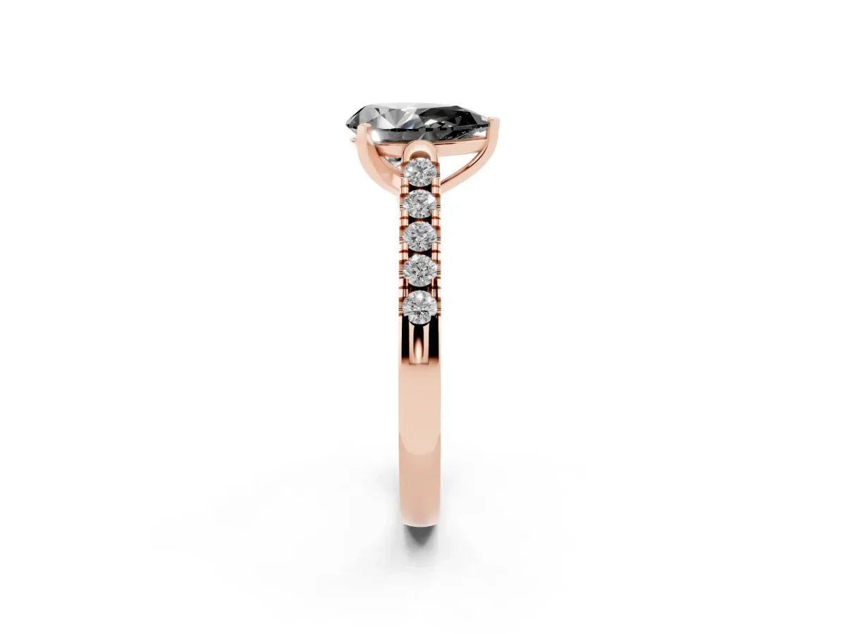 Fancy Black Pear Cut Diamond Pavé Band Solitaire Ring with Prong Setting Rose gold