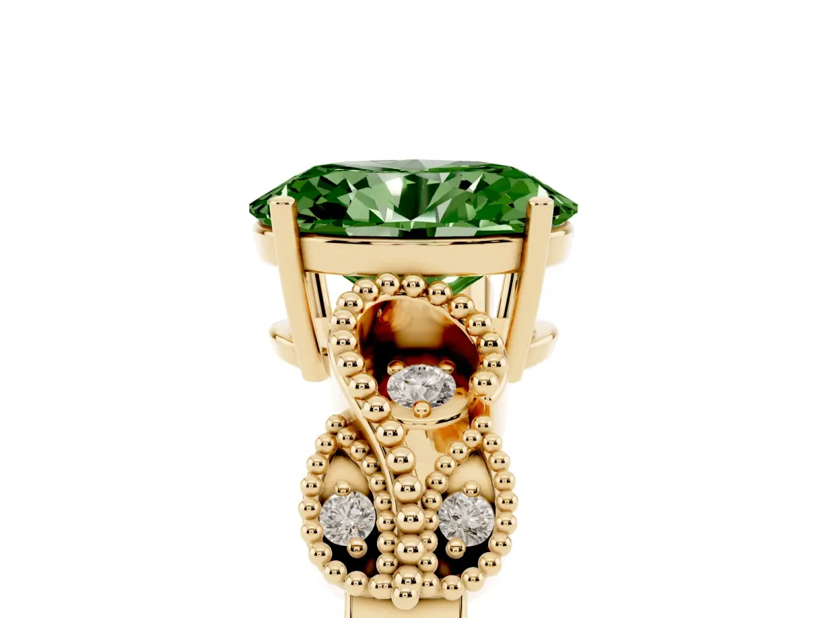 Fancy Green Oval Cut Solitaire Milgrain Leaf Band with Prong Setting Yellow gold