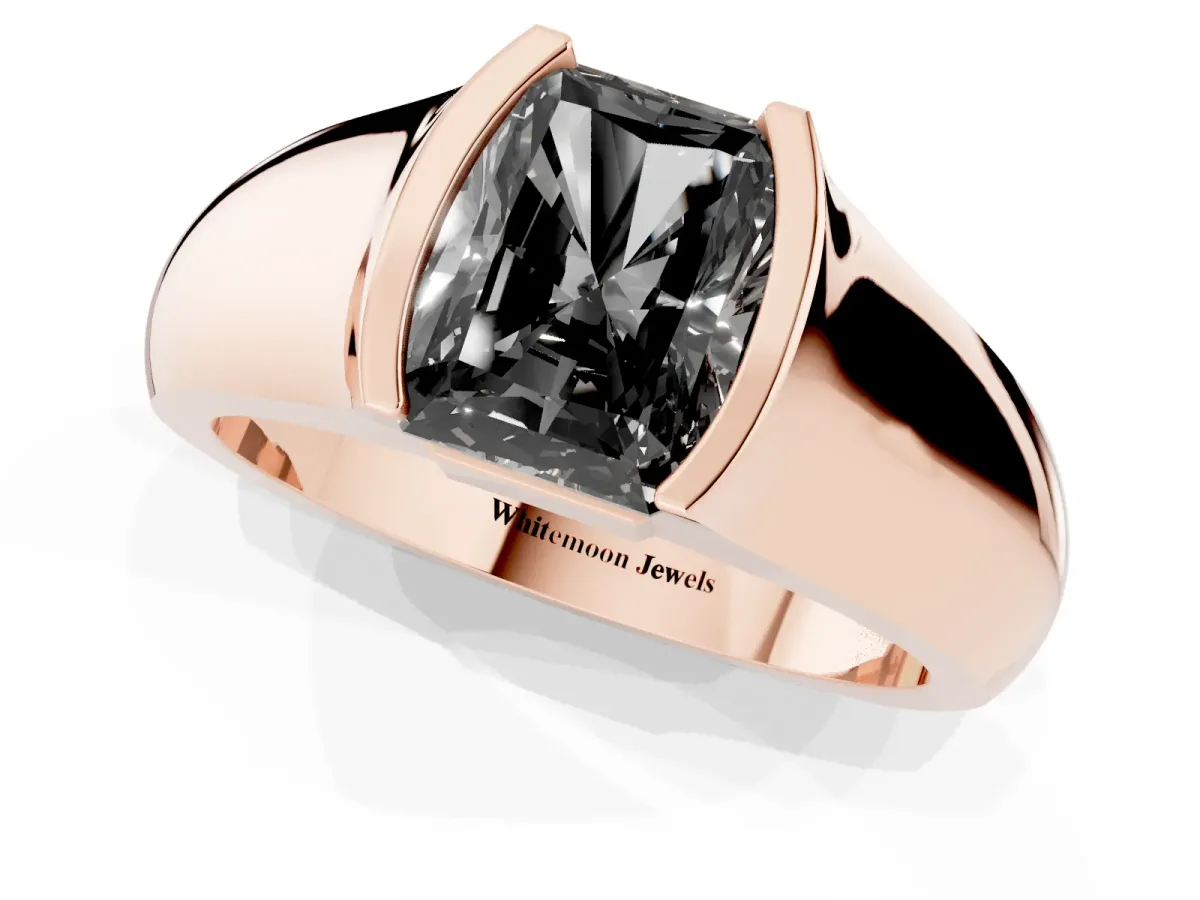Fancy Black Radiant Cut Solitaire Bezel Set Diamond Ring with Wide Band Rose gold