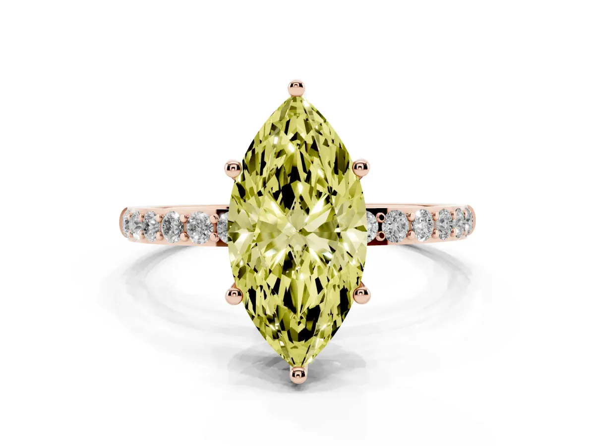 Fancy Yellow Marquise Cut Diamond Solitaire Ring with Round Pavé Shoulders and Prong Setting Rose gold