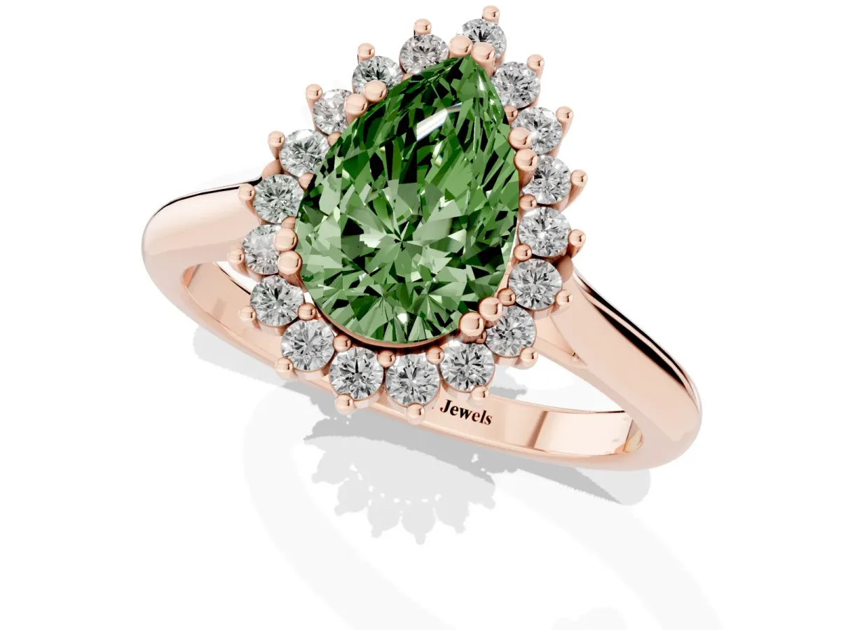 Fancy Green Pear Cut Cut Diamond Halo Ring with Solitaire Band and Prong Setting Rose gold