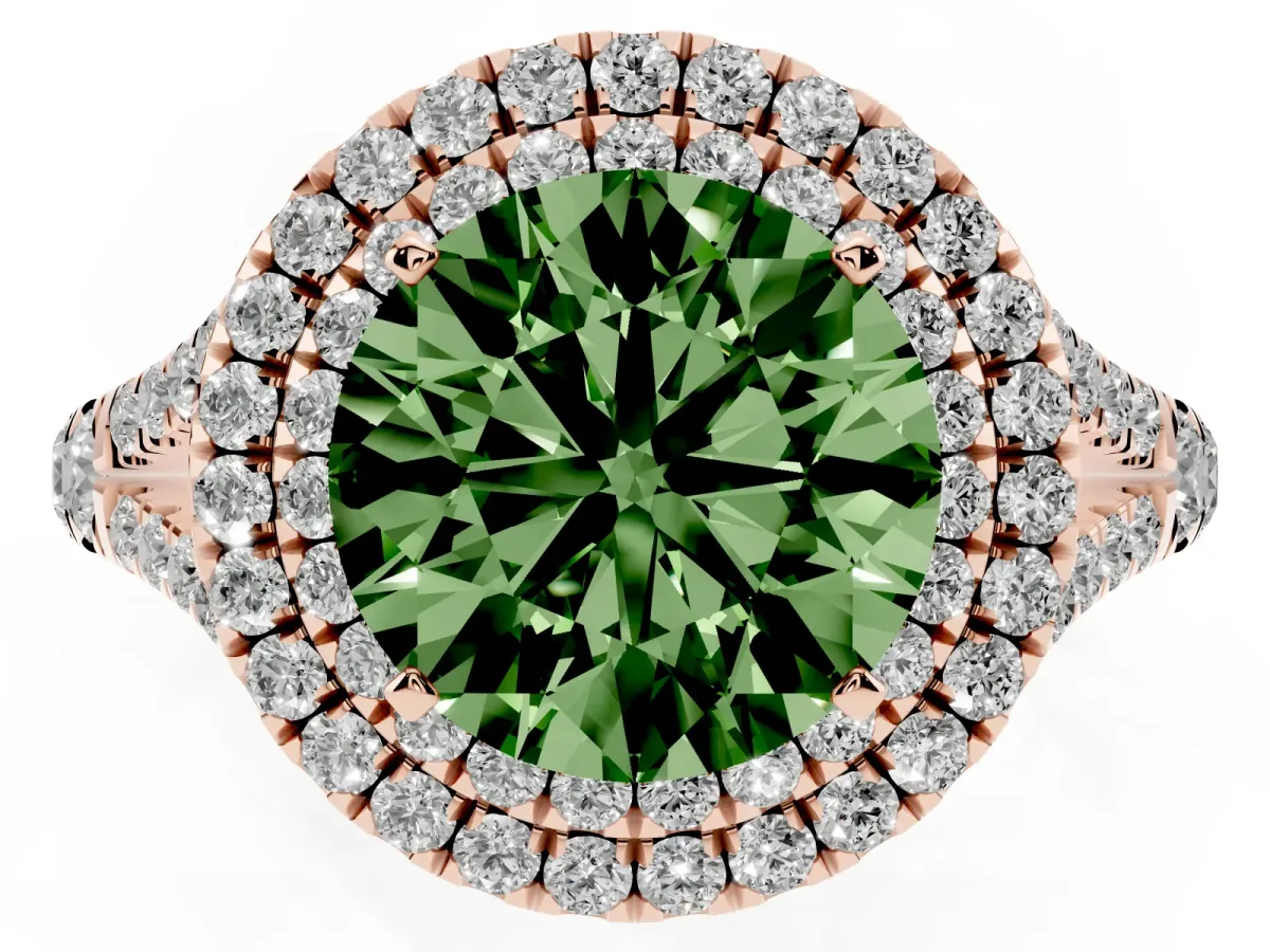 Fancy Green Round Cut Diamond Double Halo Ring with Split Shank and Prong Setting Rose gold