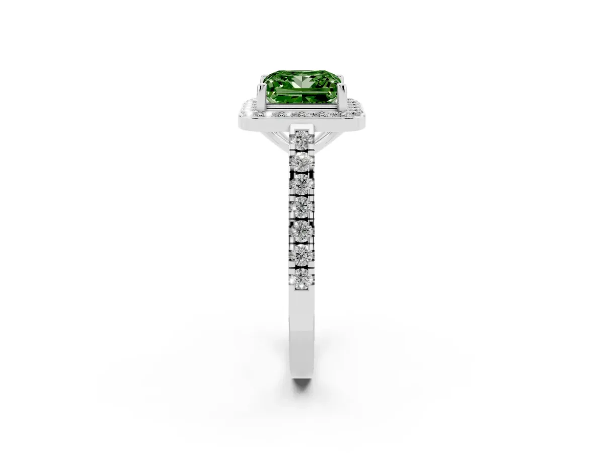 Fancy Green Princess Cut Diamond Halo Ring with Round Pavé Split Shank and Prong Setting White gold