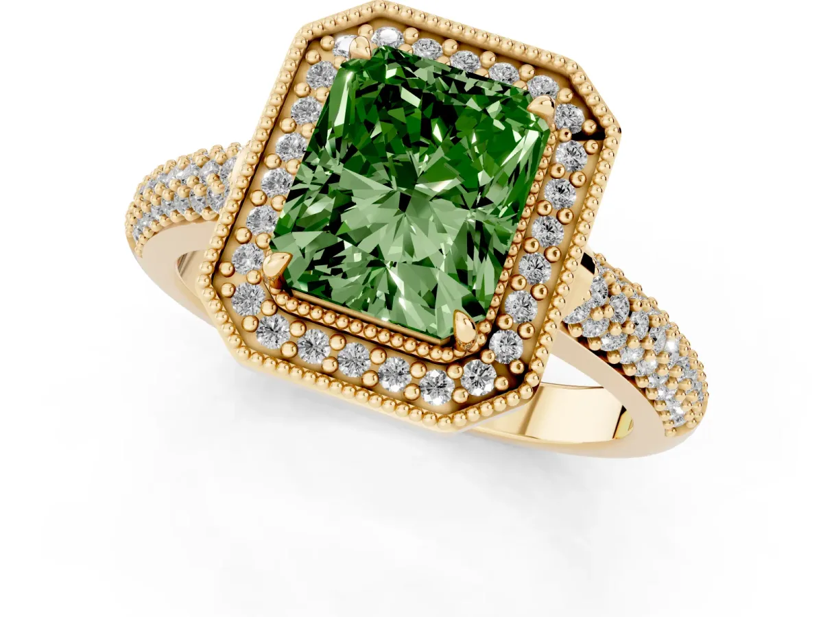 Fancy Green Radiant Cut Cut Halo Diamond Pave Band with Four-Prong Setting Yellow gold