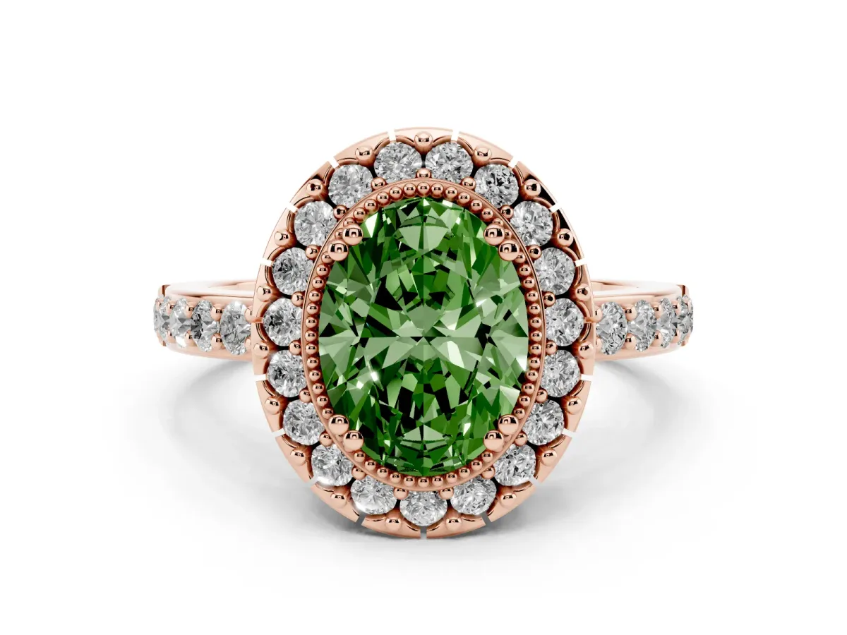 Fancy Green Oval Cut Diamond Halo Ring with Pavé Band and Prong Setting Rose gold