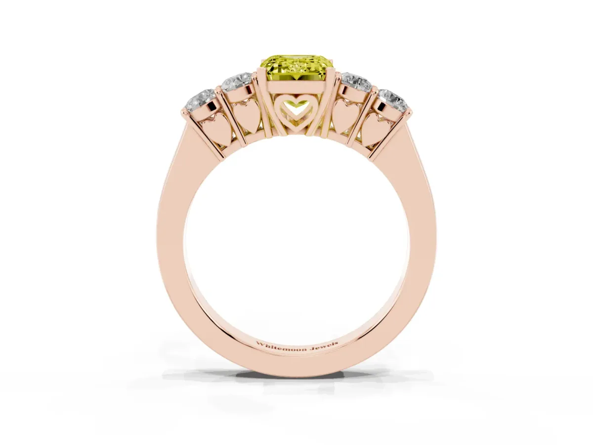 Fancy Yellow Emerald Cut Cut Diamond Five-Stone Prong Set White Gold Ring Rose gold