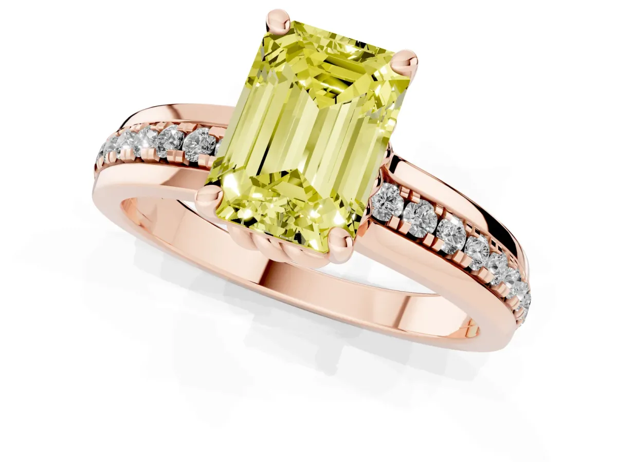 Fancy Yellow Emerald Cut Solitaire Diamond Ring with Channel Set Band and Six-Prong Setting Rose gold