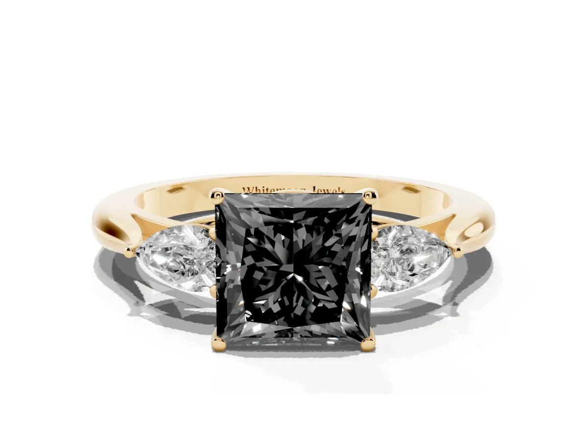 Fancy Black Princess Cut Diamond Three-Stone Ring with Pear Side Stones and Prong Setting Yellow gold