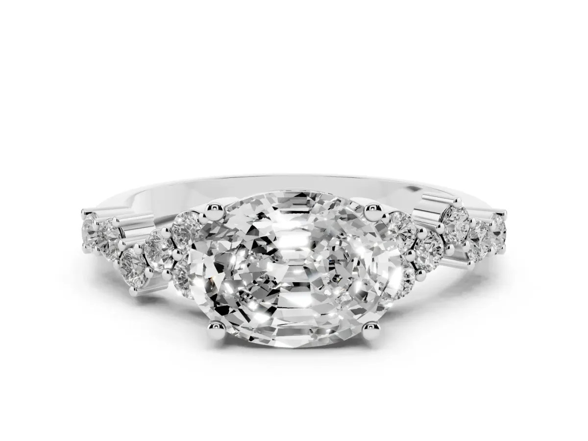 Oval Cut Diamond Scattered Round Accent Ring with Prong Setting Platinum