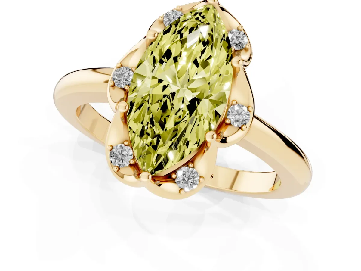 Fancy Yellow Marquise Cut Halo Diamond Ring with Round Cluster Setting, Solitaire Band, and Four-Prong Setting Yellow gold