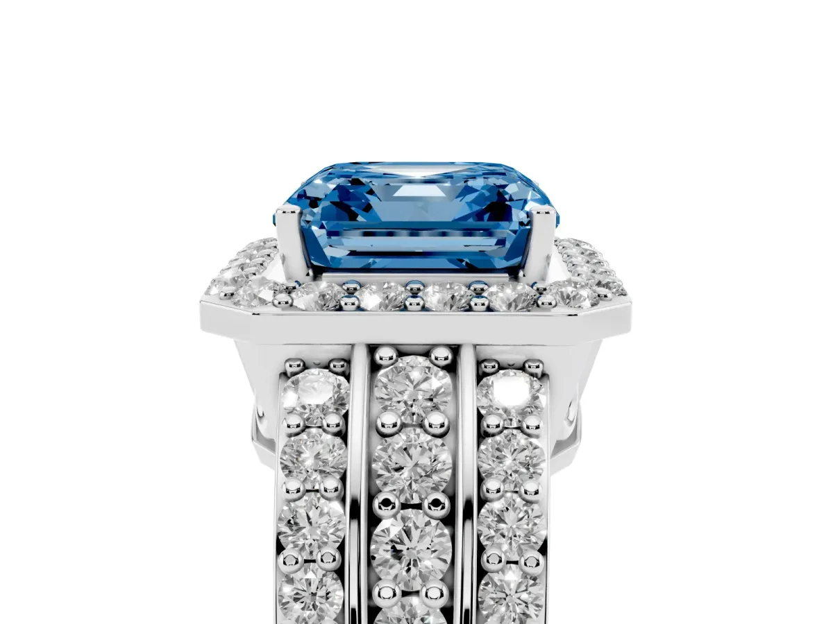 Fancy Blue Asscher Cut Halo Diamond Ring with Round Split Shank and Prong Setting Silver