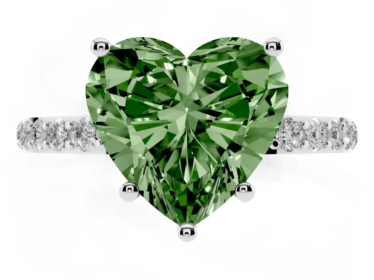 Fancy Green Heart Cut Diamond Solitaire Ring with Round Pavé Shoulders and Prong Setting Silver