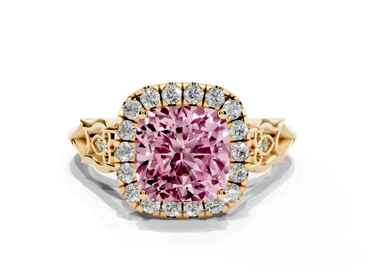 Fancy Pink Cushion Cut Halo Diamond Engagement Ring with Filigree Band and Four-Prong Setting Yellow gold