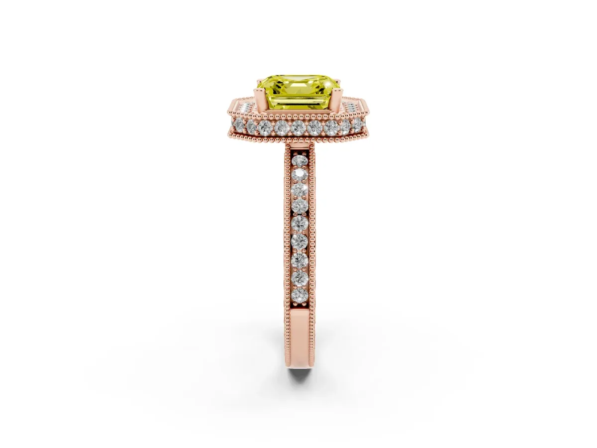 Fancy Yellow Asscher Cut Diamond Milgrain Halo Engagement Ring with Round Pavé Band and Prong Setting Rose gold