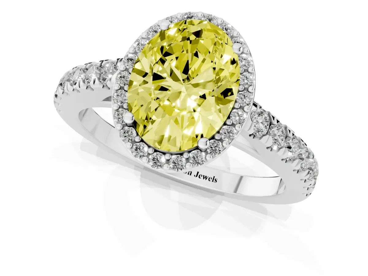 Fancy Yellow Oval Cut Cut Halo Diamond Engagement Ring with Pave Band and Four-Prong Setting Silver