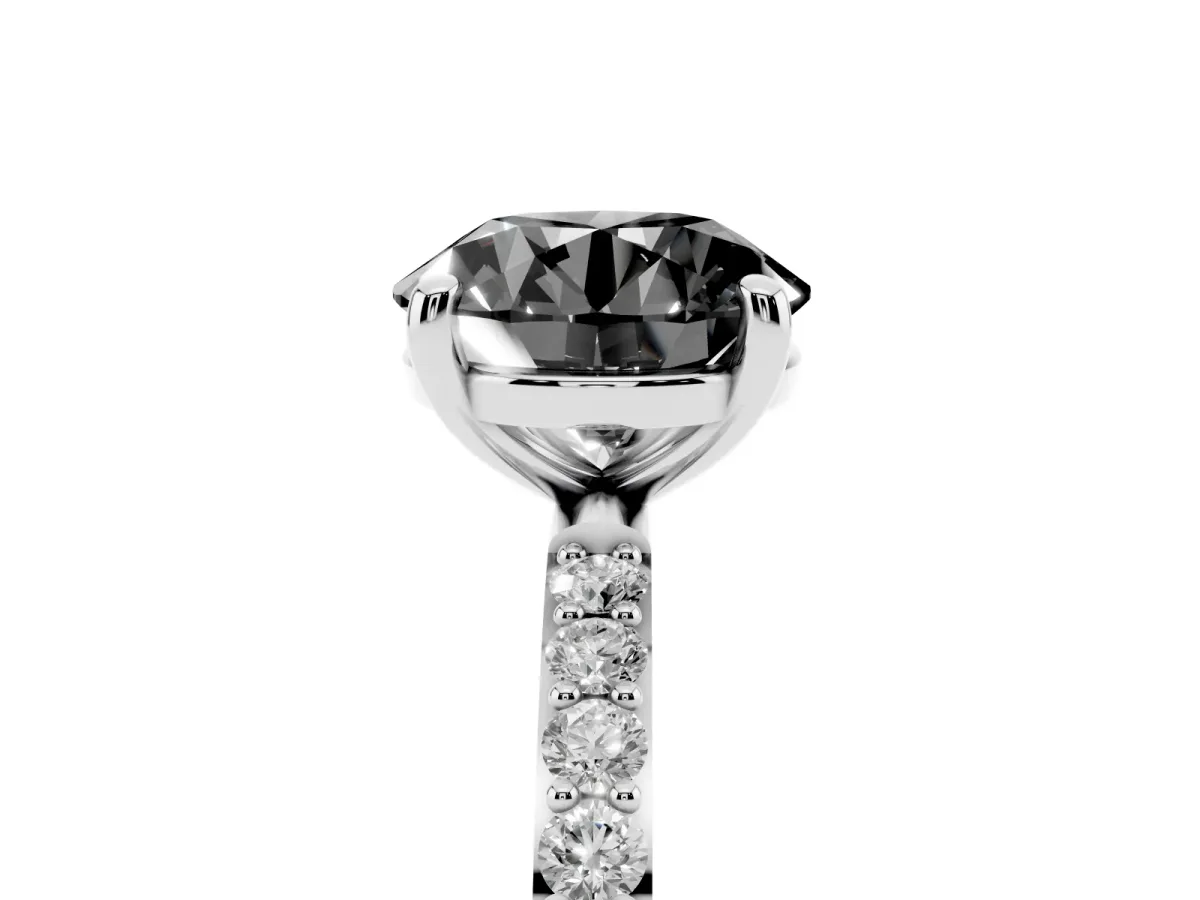 Fancy Black Round Cut Diamond Solitaire Ring with Round Pavé Band and Prong Setting Silver