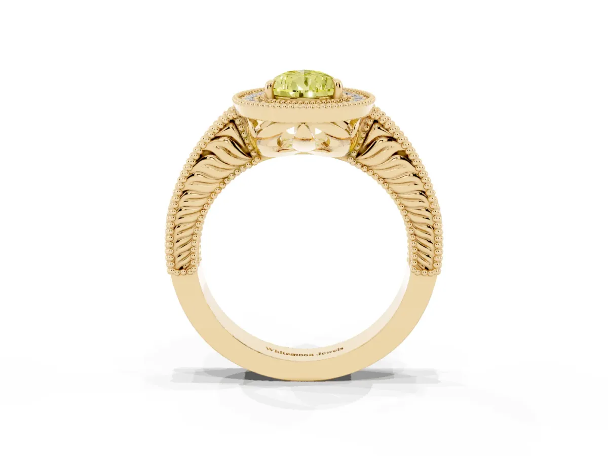 Fancy Yellow Pear Cut Cut Halo Diamond Ring with Pavé Band and Four-Prong Setting Yellow gold