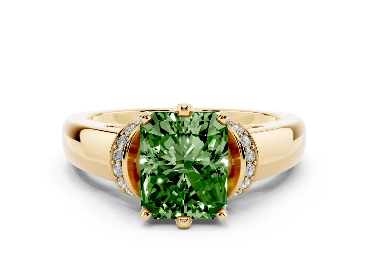 Fancy Green Radiant Cut Solitaire Diamond Ring with Pave Band and Six-Prong Setting Yellow gold