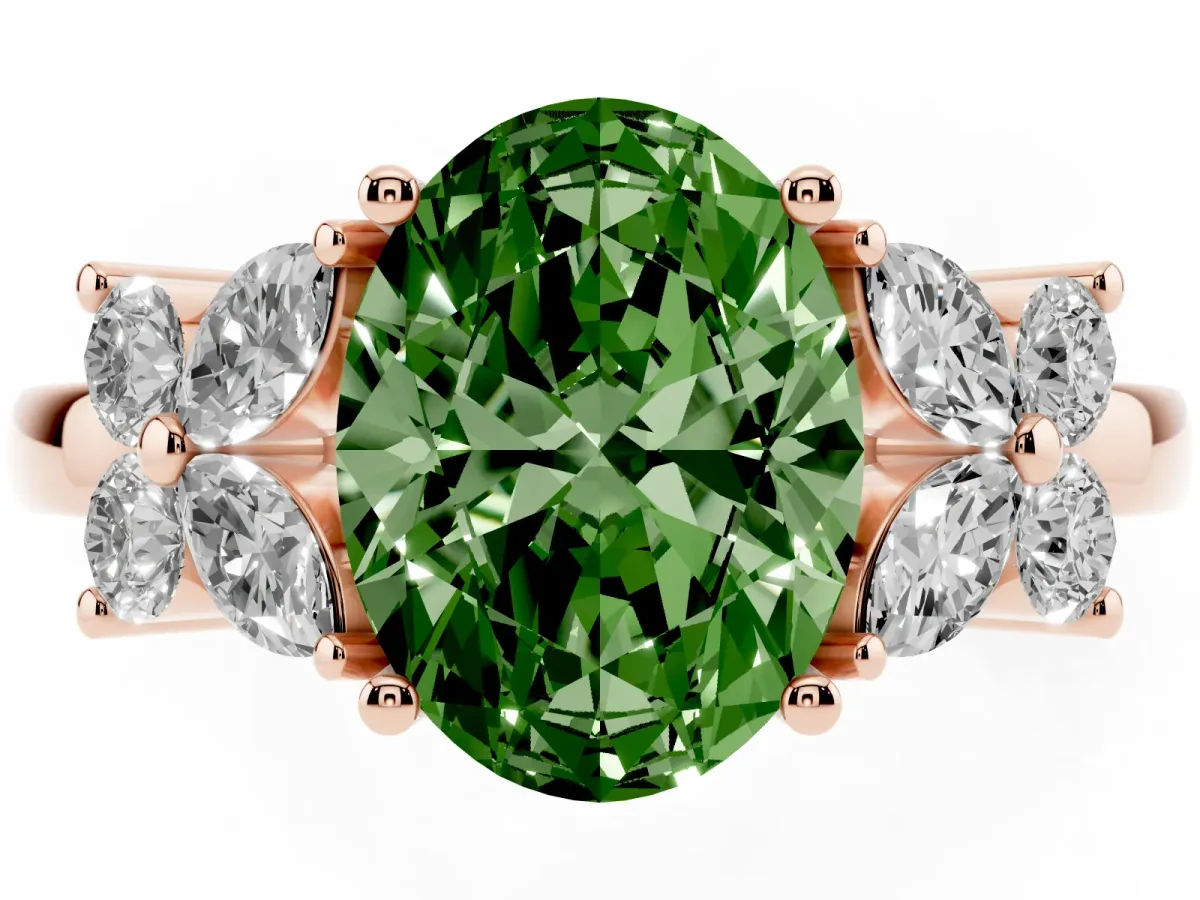 Fancy Green Oval Cut Diamond Floral Cluster Ring with Solitaire Band and Prong Setting Rose gold