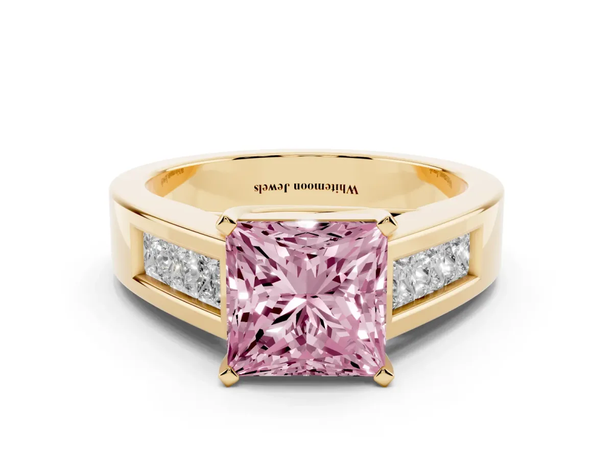 Fancy Pink Princess Cut Cut Channel Set Solitaire Ring with Four-Prong Setting Yellow gold