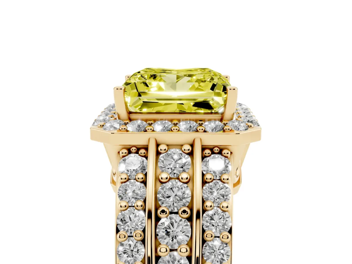 Fancy Yellow Princess Cut Halo Diamond Ring with Round Split Shank and Prong Setting Yellow gold