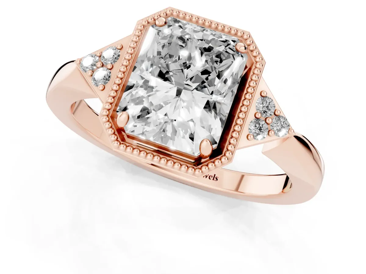 Hexagonal Halo Radiant Cut Diamond Solitaire with Pavé Band and Four-Prong Setting Rose gold