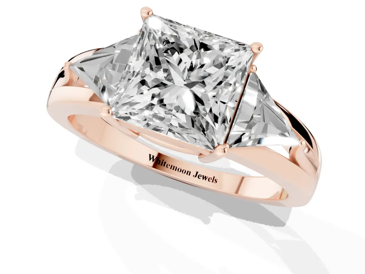 Three-Stone Princess Cut Cut Diamond Ring with Trillion Side Stones on a Split Shank Band Rose gold