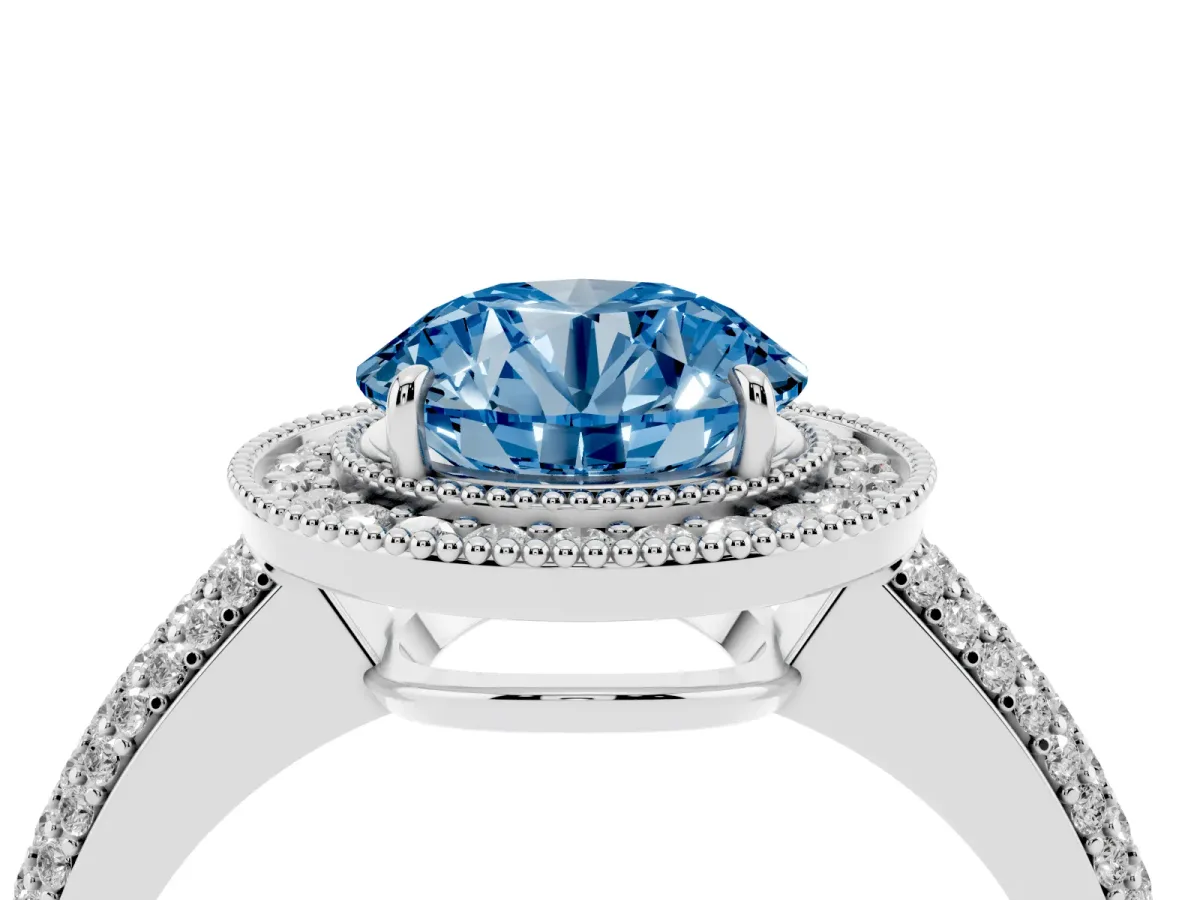 Fancy Blue Round Cut Cut Halo Diamond Pave Band with Four-Prong Setting White gold