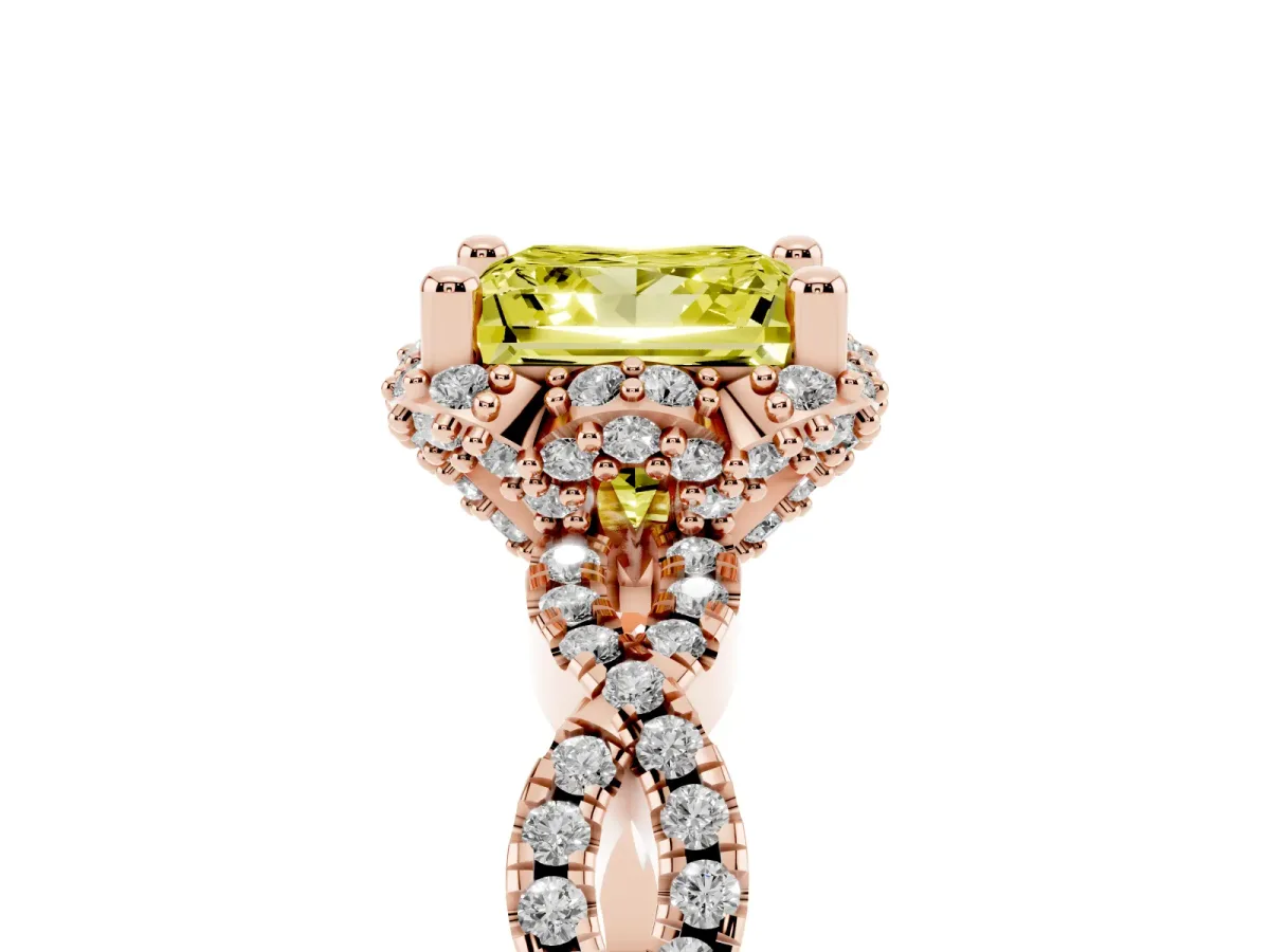 Fancy Yellow Princess Cut Halo Twist Band Solitaire Ring with Six-Prong Setting Rose gold