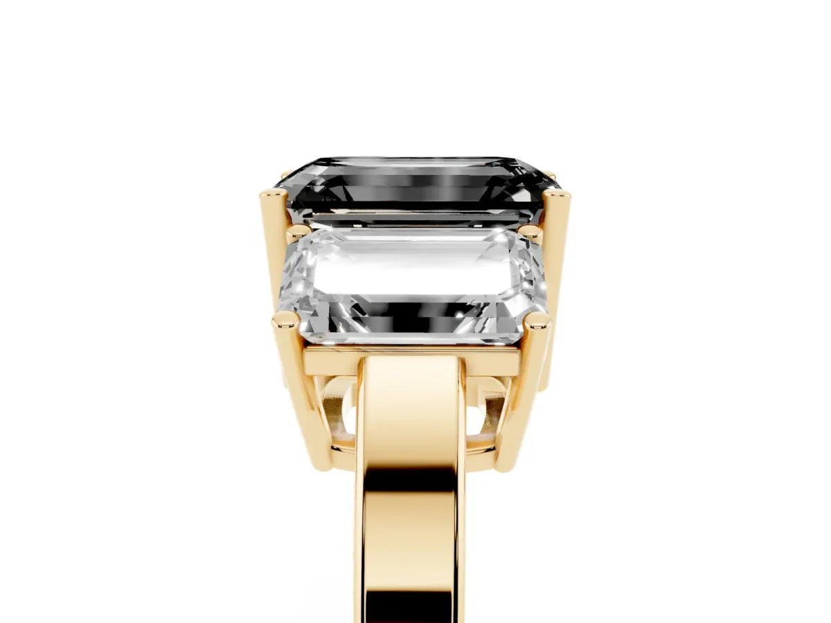 Fancy Black Three-Stone Emerald Cut Cut Diamond Engagement Ring with Flat Band and Four-Prong Setting Yellow gold