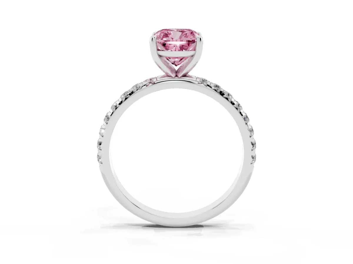 Fancy Pink Cushion Cut Cut Diamond Solitaire Ring with Micro Pave Band and Four Prong Setting Silver