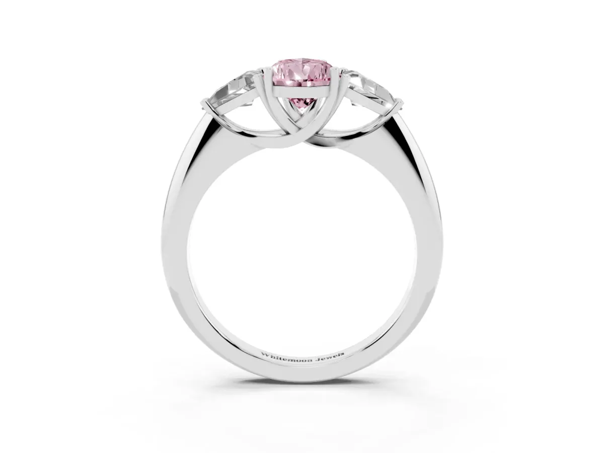Fancy Pink Three-Stone Pear Cut Diamond Engagement Ring with Trillion Side Stones and Prong Setting Silver