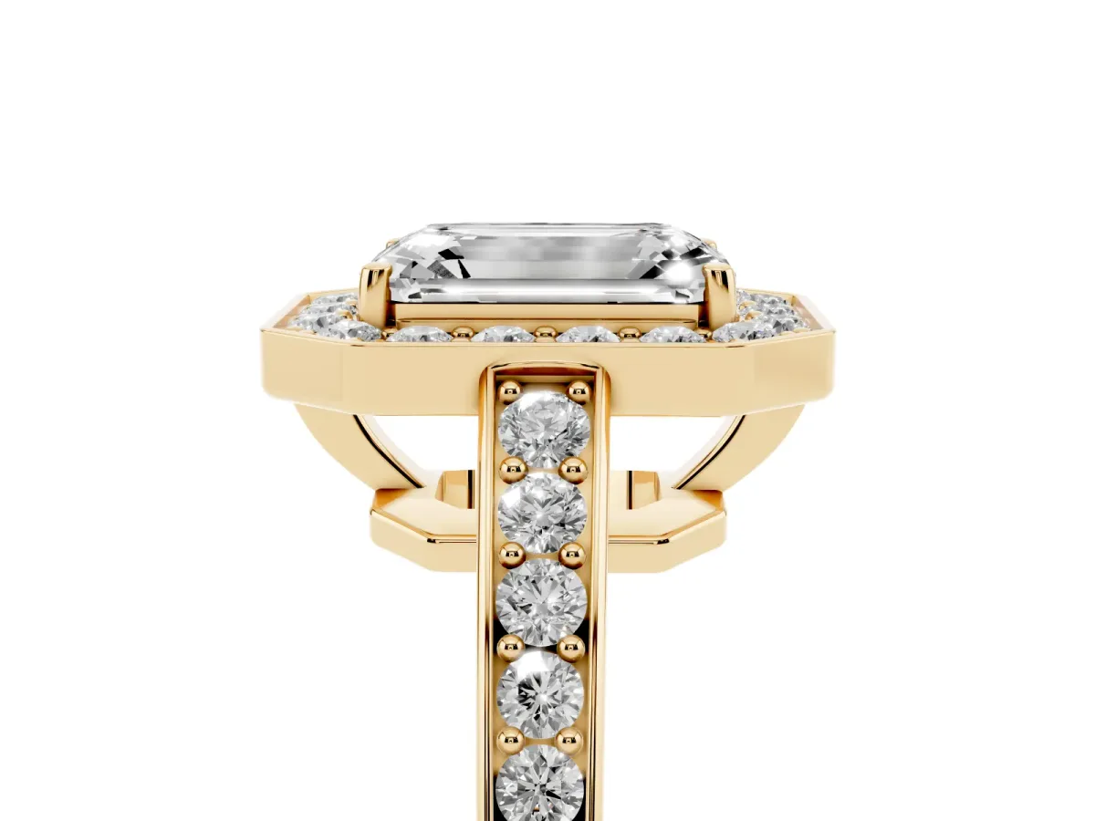 Emerald Cut Halo Pavé Diamond Engagement Ring with Bezel Setting Yellow gold