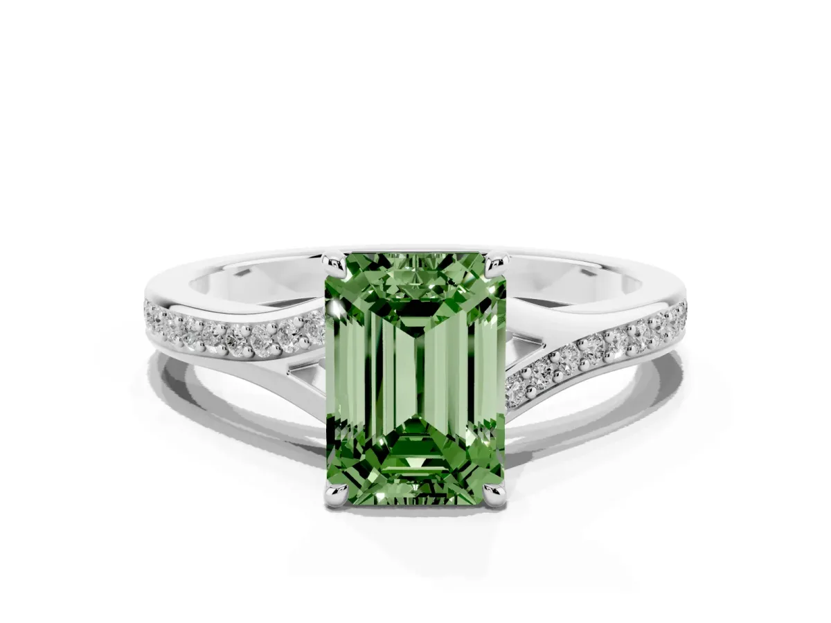 Fancy Green Emerald Cut Diamond Solitaire Ring with Pavé Band and Prong Setting Silver