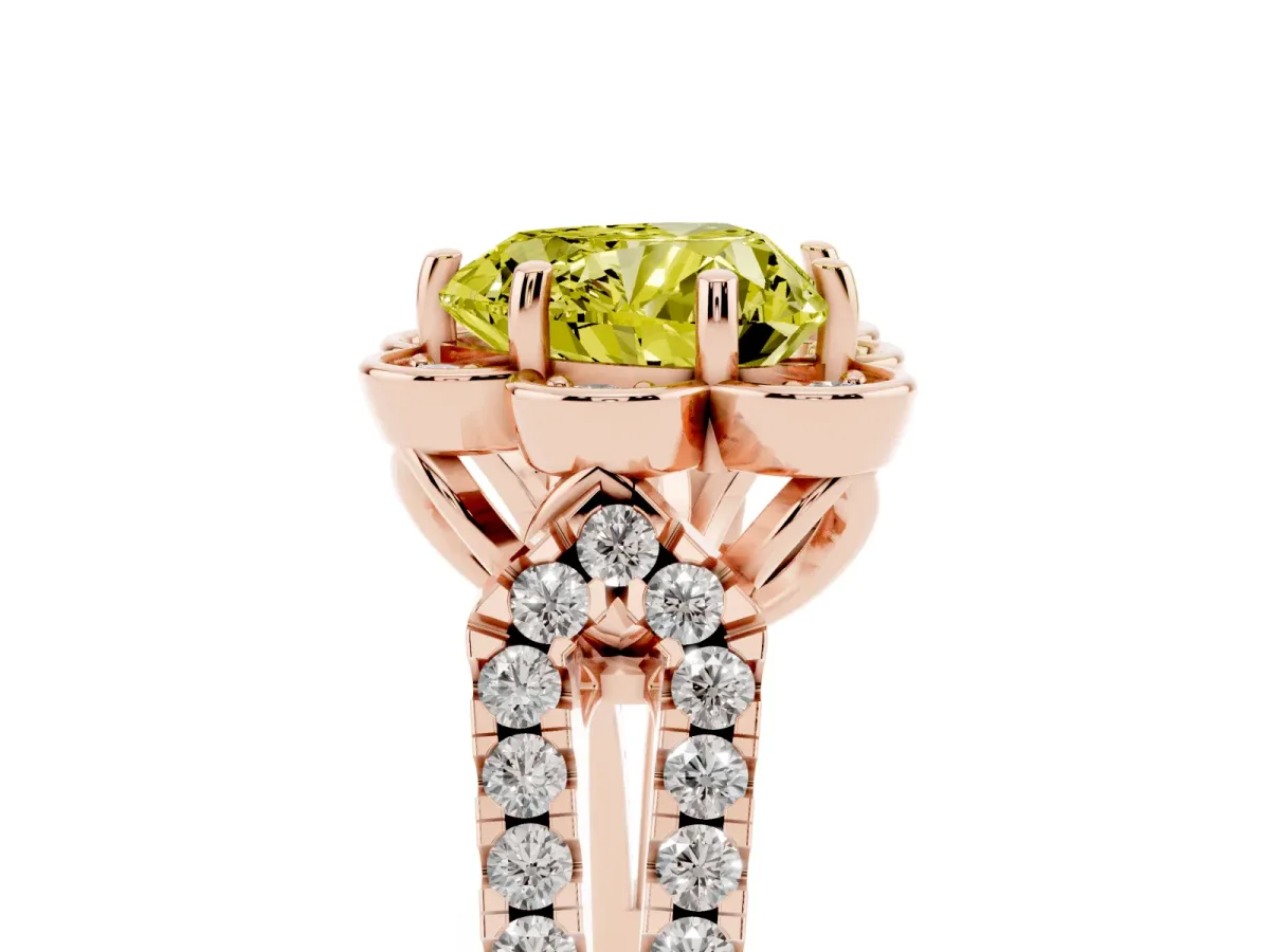 Fancy Yellow Heart Cut Halo Diamond Floral Split Shank Engagement Ring Rose gold