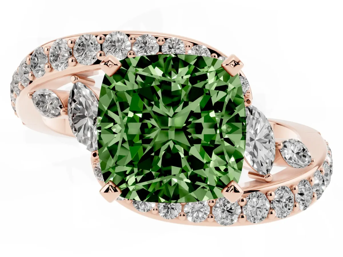 Fancy Green Cushion Cut Diamond Solitaire Ring with Filigree Band and Four-Prong Setting Rose gold